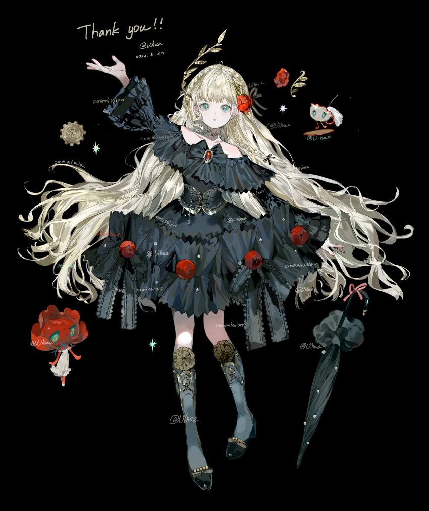 1girl, absurdres, arm_up, bare_shoulders, black_background, black_bow, black_bowtie, black_dress, black_forest_cake, black_sleeves, black_theme, black_umbrella, blonde_hair, blue_socks, boots, bow, bowtie, braid, bright_pupils, brooch, bud, cake, choker, closed_umbrella, collarbone, commission, creature, crown_braid, cup, dated, dress, dress_bow, dress_flower, expressionless, flower, food, frilled_sleeves, frills, full_body, gem, green_eyes, hair_bow, hair_flower, hair_ornament, high_heel_boots, high_heels, highres, jewelry, knee_pads, kneehighs, lace-trimmed_bow, lace_trim, laurel_crown, long_hair, long_sleeves, looking_at_viewer, multiple_braids, off-shoulder_dress, off_shoulder, original, parasol, parted_lips, red_flower, red_gemstone, red_ribbon, red_rose, ribbon, rose, sample_watermark, saucer, short_dress, simple_background, socks, solo, teacup, thank_you, umbrella, very_long_hair, vihua6, watermark, white_pupils