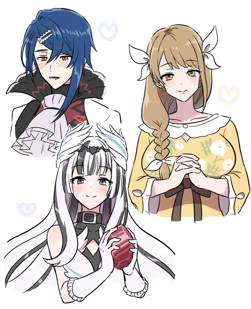 1boy, 2girls, alcryst_(fire_emblem), apo_518, ascot, black_choker, blue_hair, breasts