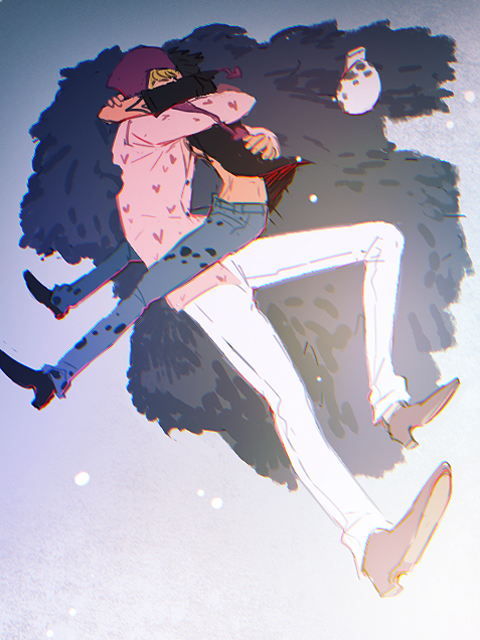 2boys, black_hat, blonde_hair, coat, denim, donquixote_rocinante, floating_hat, full_body