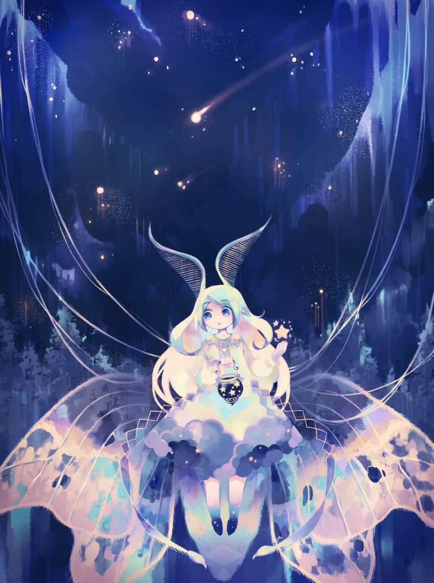 1girl, absurdres, aqua_hair, arthropod_girl, binzoko_paroma, blue_background, blue_dress, blue_eyes