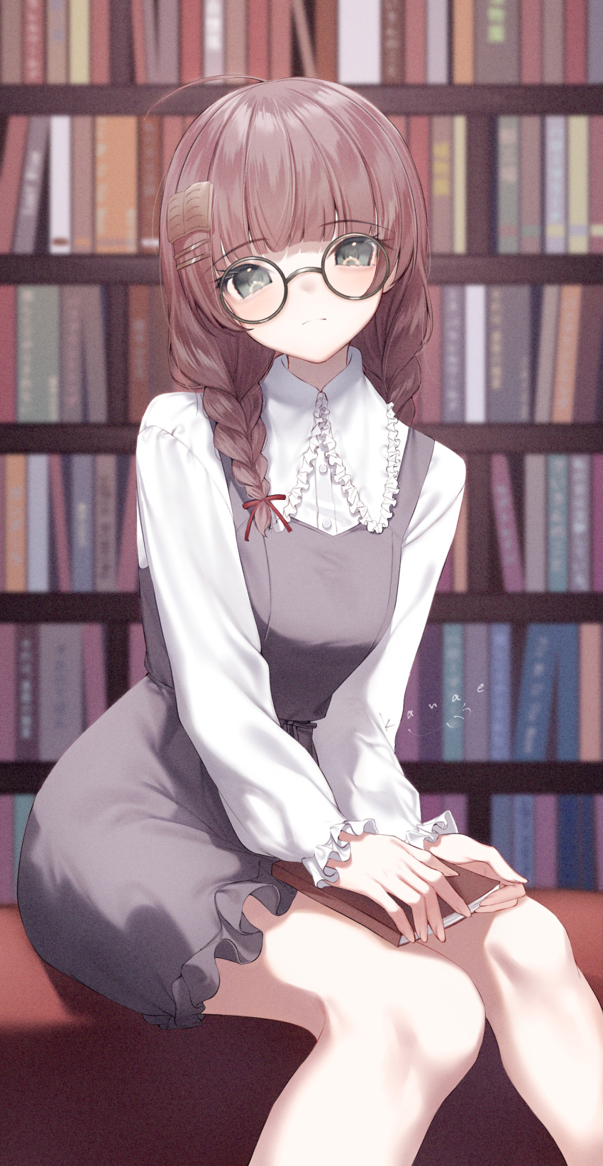1girl, absurdres, black_eyes, blunt_bangs, book, book_hair_ornament, bookshelf, braid, glasses, grey_skirt, hair_ornament, hairclip, highres, holding, holding_book, indie_virtual_youtuber, indoors, kanae_(inorin05kanae), light_frown, long_sleeves, looking_at_viewer, shirt, sitting, skirt, twin_braids, virtual_youtuber, white_shirt, yomiyama_humino