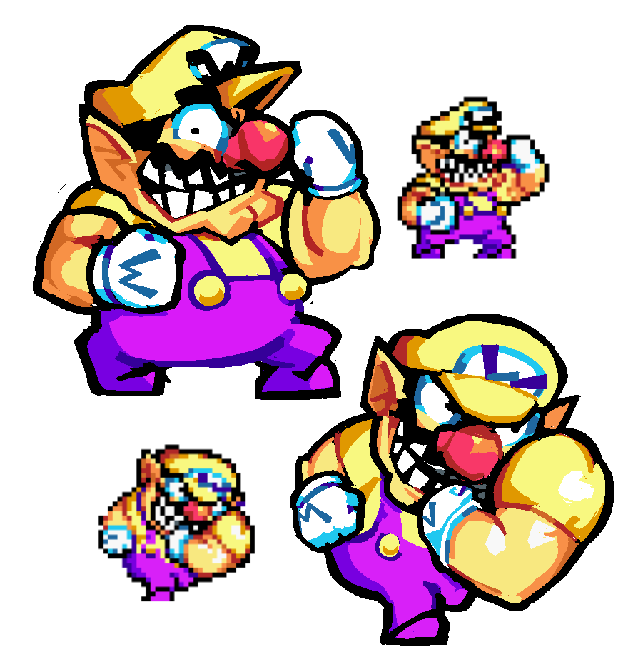 1boy, big_nose, cleft_chin, facial_hair, gloves, grin, hat, looking_at_viewer, multiple_views, muscular, muscular_male, mustache, overalls, pointy_ears, purple_overalls, reference_inset, scrubbdubb, shirt, simple_background, smile, sprite, wario, wario_land, wario_land_4, white_background, white_gloves, yellow_hat, yellow_shirt