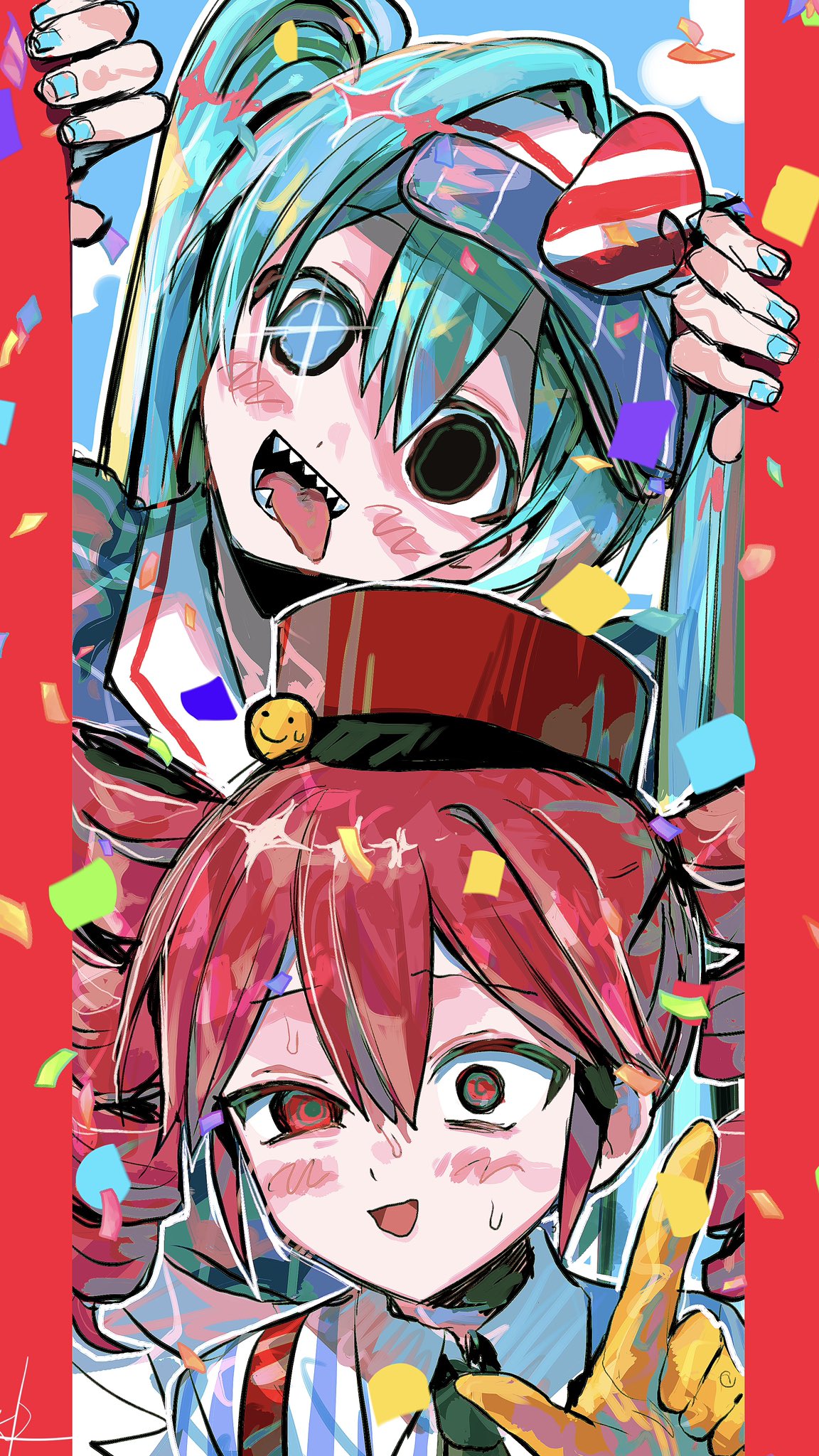 243_kou, 2girls, aqua_hair, aqua_nails, black_eyes, blue_eyes, blush, border, bow, collared_shirt, confetti, diagonal-striped_bow, fingernails, gloves, green_eyes, hair_between_eyes, hair_bow, hair_intakes, hat, hatsune_miku, highres, kasane_teto, long_hair, looking_at_viewer, mesmerizer_(vocaloid), mismatched_pupils, multiple_girls, no_pupils, open_mouth, red_border, red_bow, red_eyes, red_hat, redhead, sharp_teeth, shirt, short_hair, sketch, sparkle, sweat, teeth, tongue, tongue_out, uneven_eyes, utau, visor_cap, vocaloid, white_bow, white_shirt, yellow_gloves