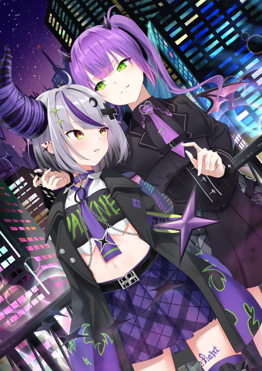 2girls, absurdres, ahoge, alternate_costume, alternate_hairstyle, belt, black_belt, black_corset, black_horns, black_jacket, black_shirt, black_skirt, blush, bob_cut, building, choker, closed_mouth, clothes_writing, collared_shirt, corset, crescent, crescent_hair_ornament, cropped_jacket, demon_horns, dot_nose, dress_shirt, ear_piercing, ema_azure, flame_print, green_eyes, grey_hair, hair_ornament, heart, heart_in_eye, highres, hololive, horns, jacket, la+_darknesss, la+_darknesss_(casual), leg_tattoo, long_hair, long_sleeves, looking_at_another, miniskirt, multicolored_hair, multiple_girls, navel, necktie, night, night_sky, official_alternate_costume, piercing, plaid, plaid_skirt, pleated_skirt, pointy_ears, purple_choker, purple_hair, purple_necktie, purple_skirt, purple_sky, school_uniform, shirt, short_hair, short_necktie, skirt, sky, sleeve_cuffs, slit_pupils, star_(sky), stomach, streaked_hair, striped_horns, symbol_in_eye, tail, tattoo, teeth, tokoyami_towa, tokoyami_towa_(school_uniform), twintails, underbust, virtual_youtuber, white_shirt, wings, x_hair_ornament, yellow_eyes