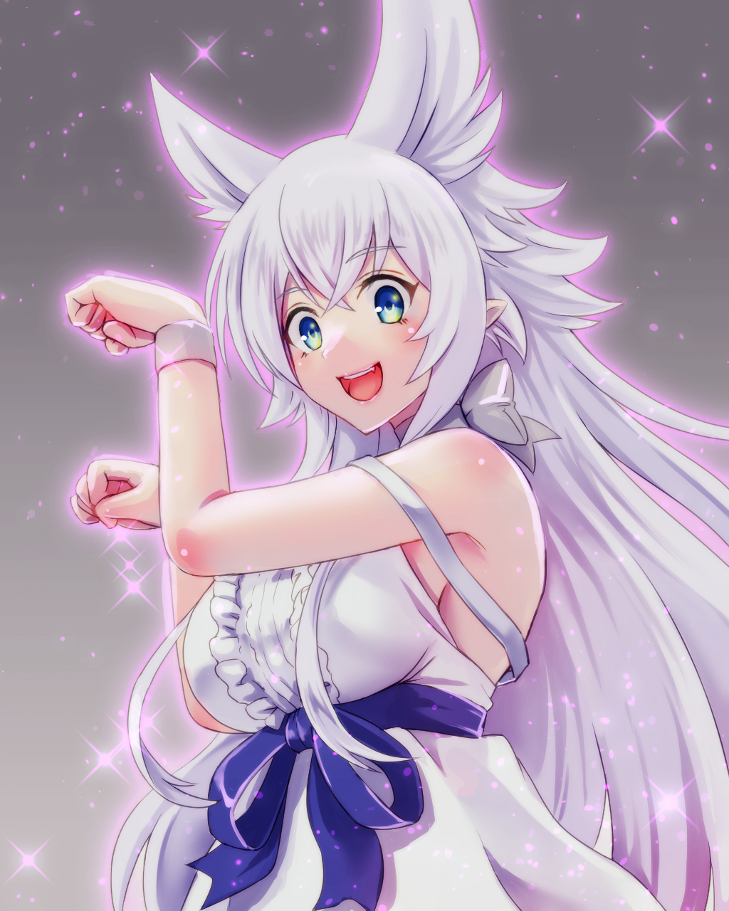 1girl, animal_ears, armpits, blue_eyes, blue_ribbon, breasts, dress, extra_ears