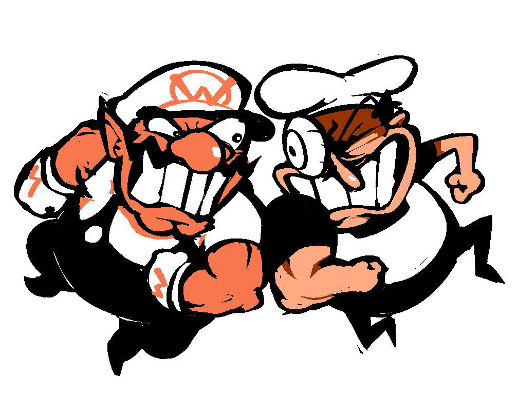 2boys, big_nose, black_hair, black_overalls, chef_hat, clenched_teeth, facial_hair, gloves