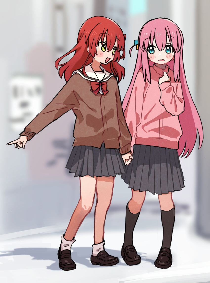 2girls, :d, absurdres, ankle_socks, black_socks, blue_eyes, blurry, blurry_background, blush, blush_stickers, bocchi_the_rock!, bow, bowtie, brown_cardigan, brown_footwear, cardigan, cube_hair_ornament, full_body, fxxk_pote10, gotoh_hitori, green_eyes, grey_skirt, hair_between_eyes, hair_ornament, highres, holding_hands, kita_ikuyo, kneehighs, loafers, long_hair, long_sleeves, looking_at_another, multiple_girls, one_side_up, open_mouth, pink_hair, pink_sweater, pleated_skirt, red_bow, red_bowtie, redhead, sailor_collar, school_uniform, shoes, shuka_high_school_uniform, skirt, smile, socks, standing, sweater, very_long_hair, white_sailor_collar, white_socks