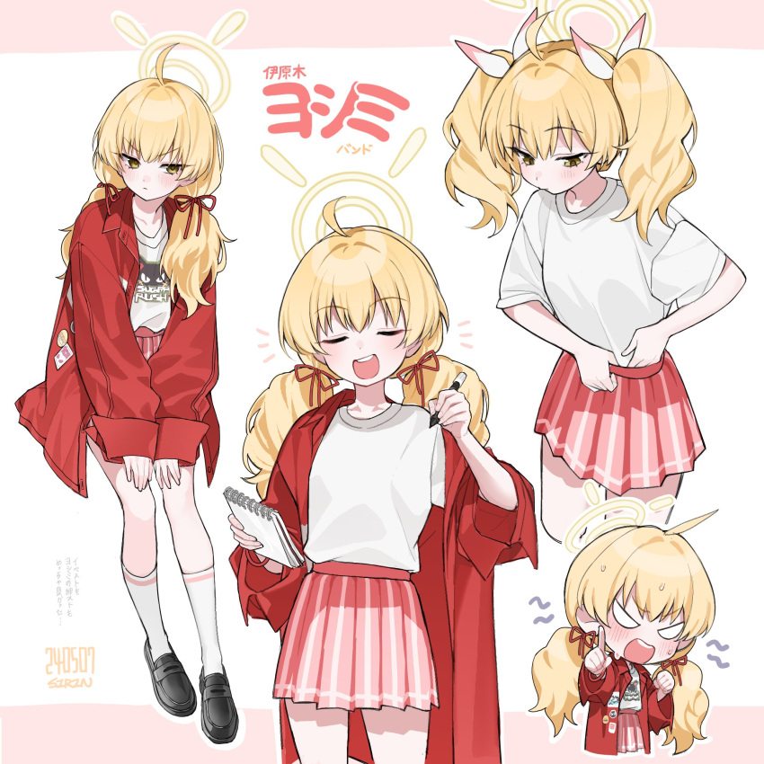 1girl, adjusting_shirt, ahoge, black_footwear, blank_eyes, blonde_hair, blue_archive, blush