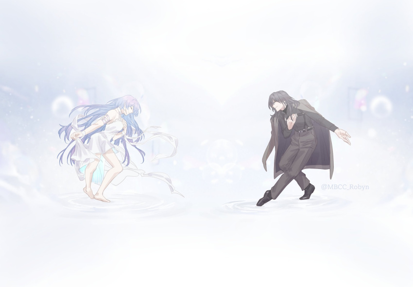 2girls, barefoot, black_footwear, black_hair, black_shirt, blue_hair, chest_strap, chief_(path_to_nowhere), closed_eyes, closed_mouth, coat, coat_on_shoulders, collared_shirt, commentary_request, dancing, dress, earrings, female_chief_(path_to_nowhere), full_body, grey_coat, grey_pants, hamel_(path_to_nowhere), hand_on_own_chest, highres, jewelry, korean_commentary, long_hair, looking_at_another, mbcc_robyn, multiple_girls, pants, path_to_nowhere, ripples, shirt, sleeveless, sleeveless_dress, smile, twitter_username, white_dress