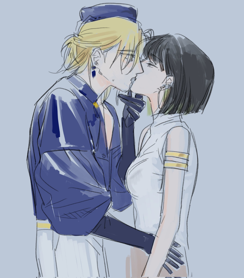 2girls, armband, black_gloves, black_hair, blonde_hair, blue_background, blue_hat, blue_shirt, commentary, earrings, elbow_gloves, from_side, gloves, hand_on_another's_waist, hashtag-only_commentary, hat, highres, isnogivenewchap, jewelry, kiss, lisa_(path_to_nowhere), mcqueen_(path_to_nowhere), multiple_girls, path_to_nowhere, profile, shirt, short_hair, sleeveless, sleeveless_shirt, sweat, white_shirt, yuri