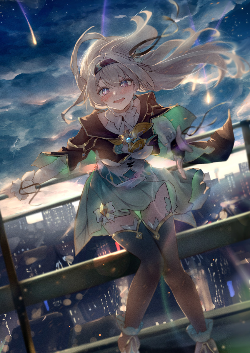 1girl, absurdres, against_railing, aqua_dress, aqua_thighhighs, black_bridal_gauntlets, black_hairband, black_thighhighs