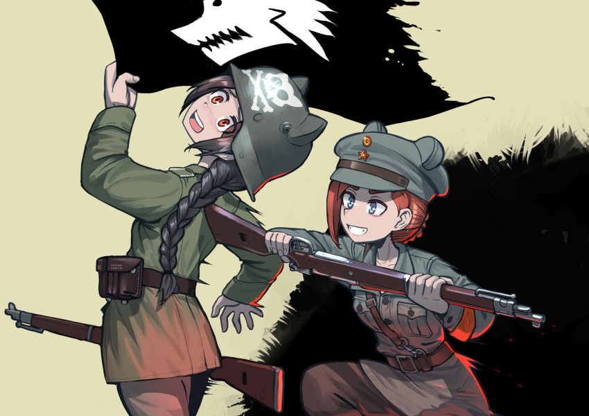 2girls, ammunition_pouch, animal_ear_headwear, animal_ears_helmet, attack, belt, black_hair, blush