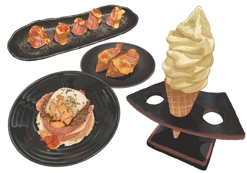 fajar_kurniawan, food, food_focus, ice_cream, ice_cream_cone, meat, no_humans, original, plate, soft_serve, sushi