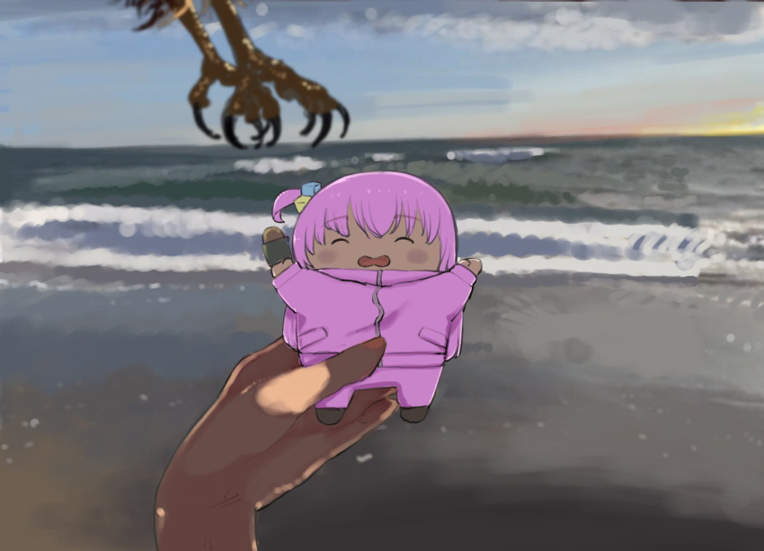 beach, bird, bocchi_the_rock!, character_doll, chiikawa_plush_stolen_by_hawk_(meme), commentary_request, gotoh_hitori, hand_up, meme, ocean, outdoors, oyomotin, pov, shore, sunset, water