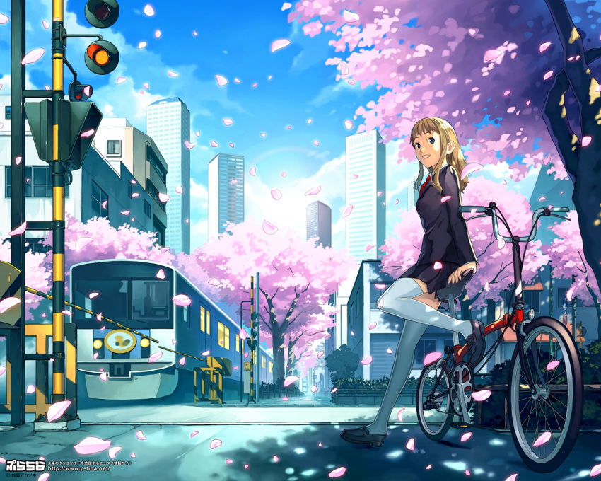 blonde_hair, blue_eyes, cherry_blossoms, city, katou_akatsuki, legs, long_hair, original