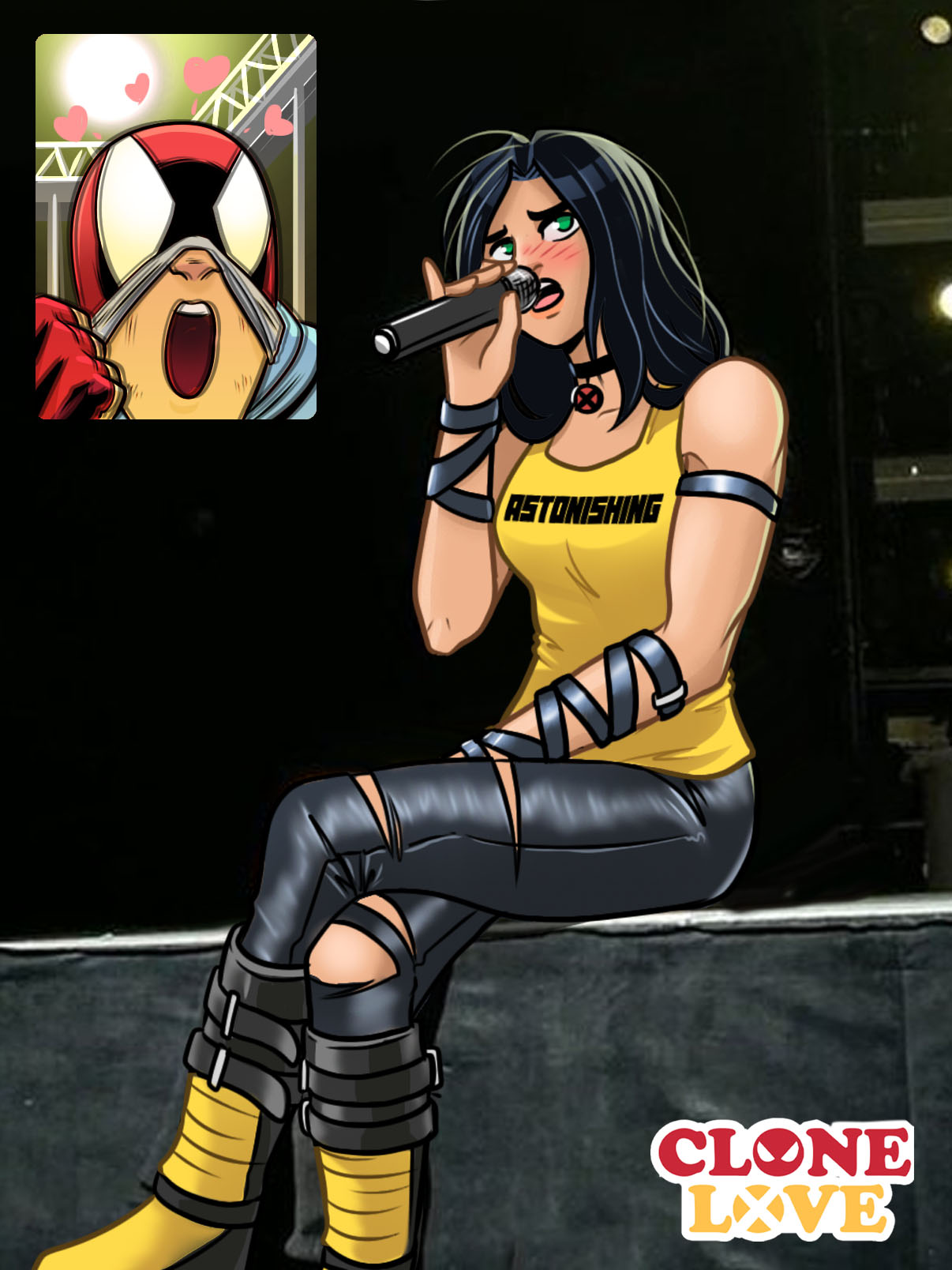 1boy, 1girl, animification, ben_reilly, black_hair, blush, fan_screaming_at_madison_beer_(meme), green_eyes