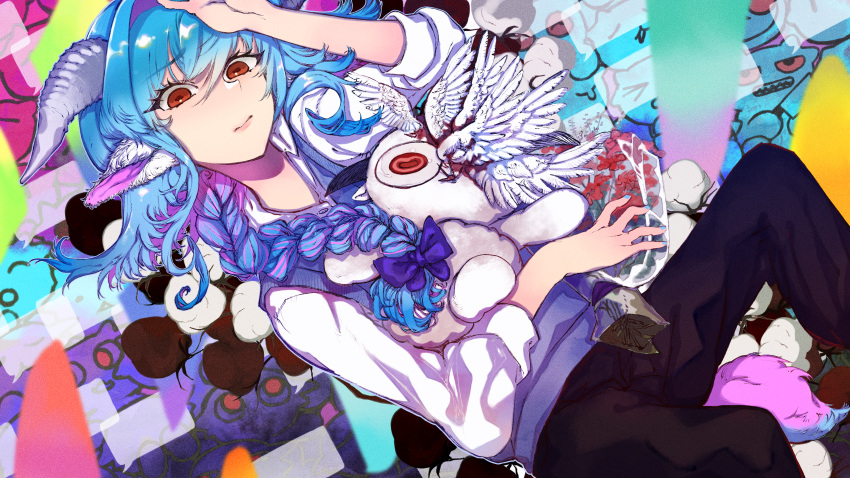 1girl, absurdres, alpina_(peaky_hikers), animal_ears, arm_up, black_pants, blood, blue_hair, blue_nails, blue_sweater_vest, bouquet, bow, braid, braided_ponytail, closed_mouth, commentary_request, feet_out_of_frame, flower, goat_ears, goat_girl, goat_horns, grey_horns, hair_bow, hair_intakes, hair_over_shoulder, highres, holding, holding_bouquet, holding_stuffed_toy, horns, kemonomimi_mode, long_hair, long_sleeves, looking_at_viewer, multicolored_hair, neon_palette, oyomotin, pants, peaky_hikers, pink_hair, purple_bow, red_eyes, red_flower, shirt, single_braid, sitting, solo, streaked_hair, stuffed_monster, stuffed_toy, sweater_vest, two-tone_hair, virtual_youtuber, white_shirt