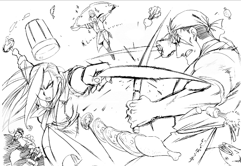 battle, buccaneer_(fullmetal_alchemist), food, fullmetal_alchemist, miles, official_art, olivier_mira_armstrong, scar, scar_(fullmetal_alchemist), sketch, solf_j_kimblee, sword, weapon