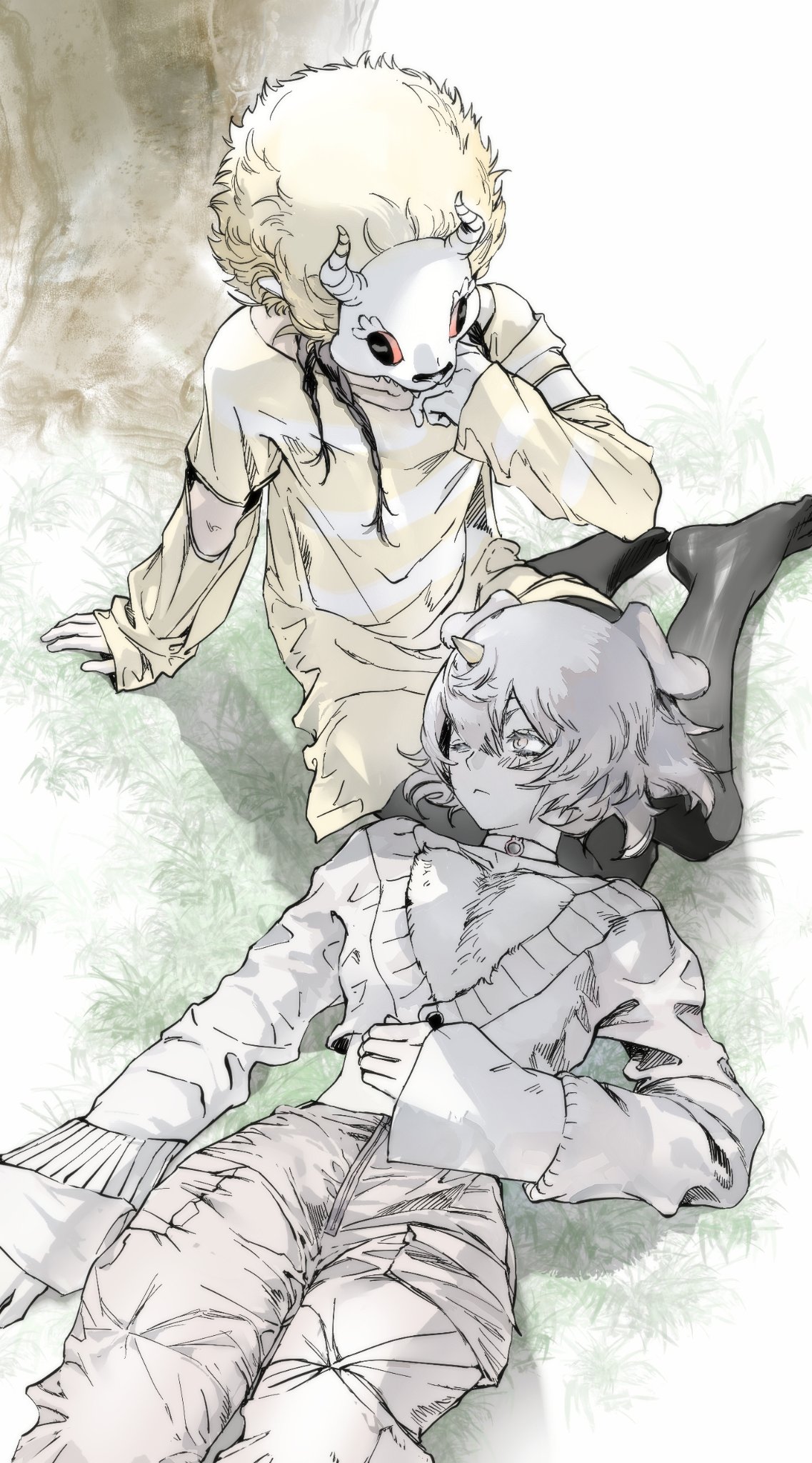 2boys, :<, androgynous, animal_ears, anoko_(chiikawa), black_pantyhose, blonde_hair, braid