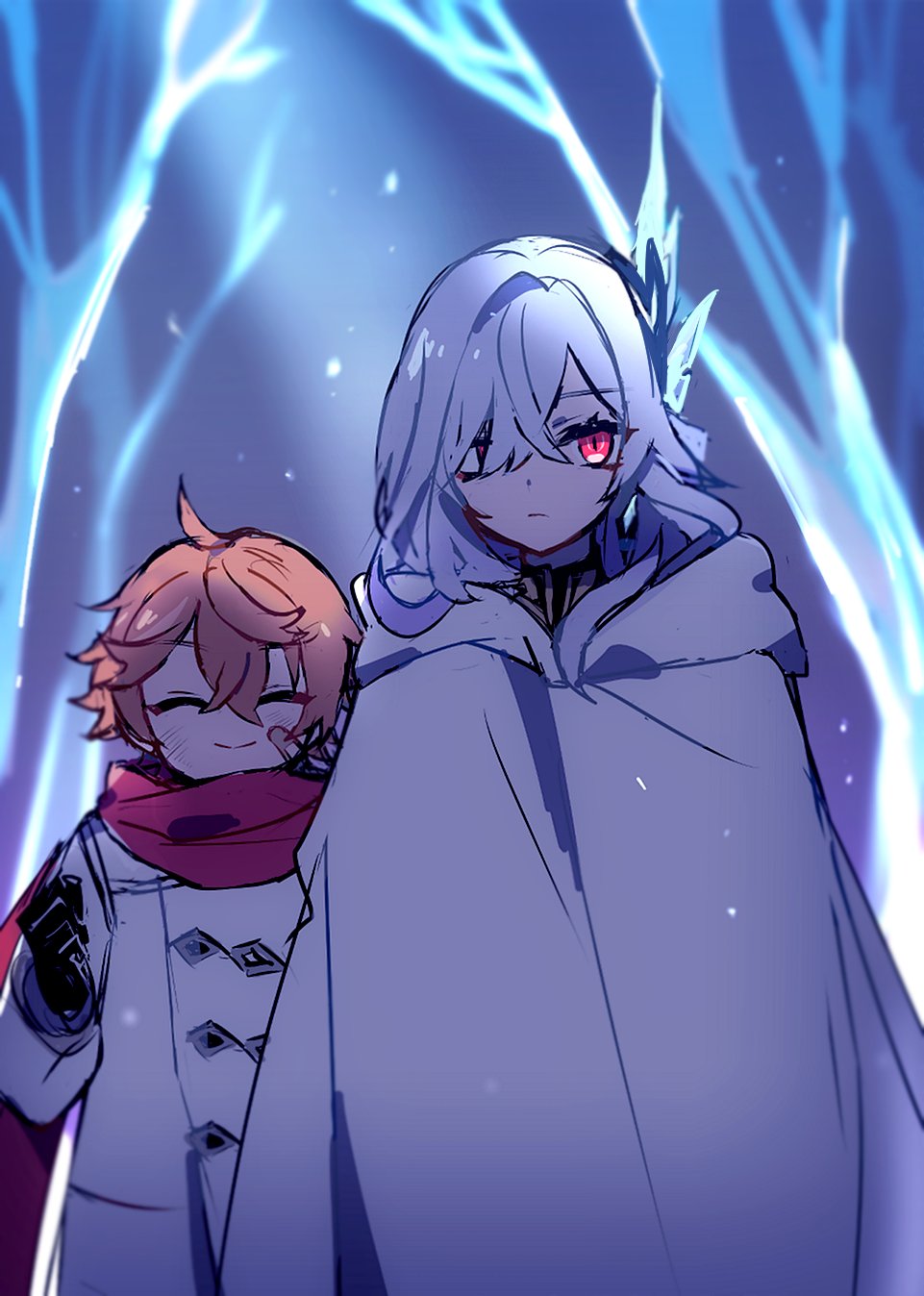 1boy, 1girl, ^_^, aged_down, ahoge, bandaid, bandaid_on_cheek, bandaid_on_face, bare_tree, black_gloves, blurry, blurry_background, cloak, closed_eyes, closed_mouth, coat, crossed_bangs, frown, genshin_impact, gloves, hair_between_eyes, hair_intakes, hair_ornament, hair_over_one_eye, hand_up, happy, highres, hood, hood_down, hooded_cloak, long_hair, long_sleeves, orange_hair, outdoors, parted_bangs, ra_suya, red_eyes, red_scarf, scarf, serious, short_hair, skirk_(genshin_impact), smile, standing, tartaglia_(genshin_impact), tree, white_cloak, white_coat, white_hair