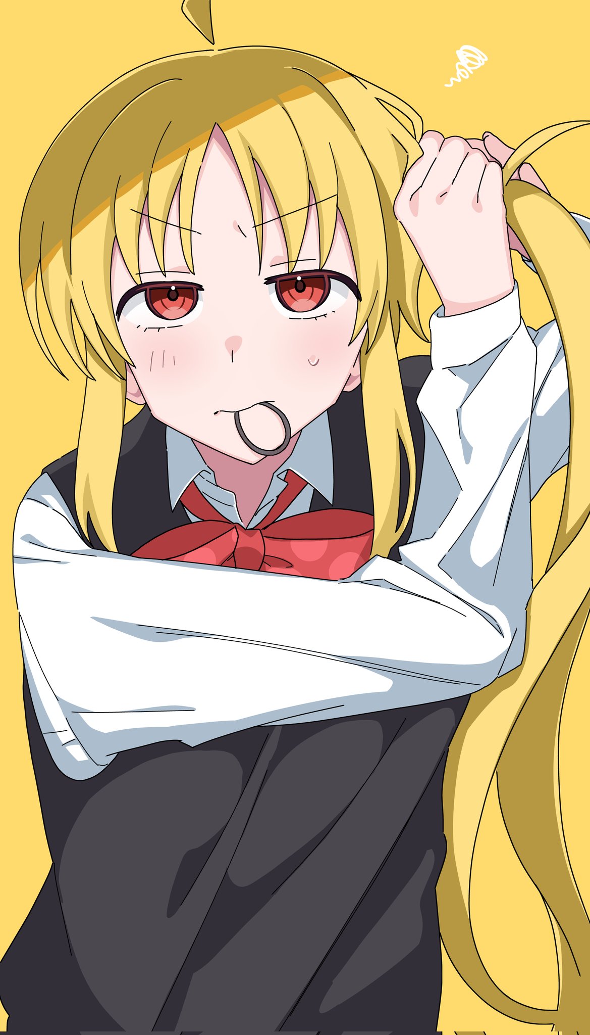 1girl, blonde_hair, blush, bocchi_the_rock!, commentary_request, hair_tie, hair_tie_in_mouth, highres