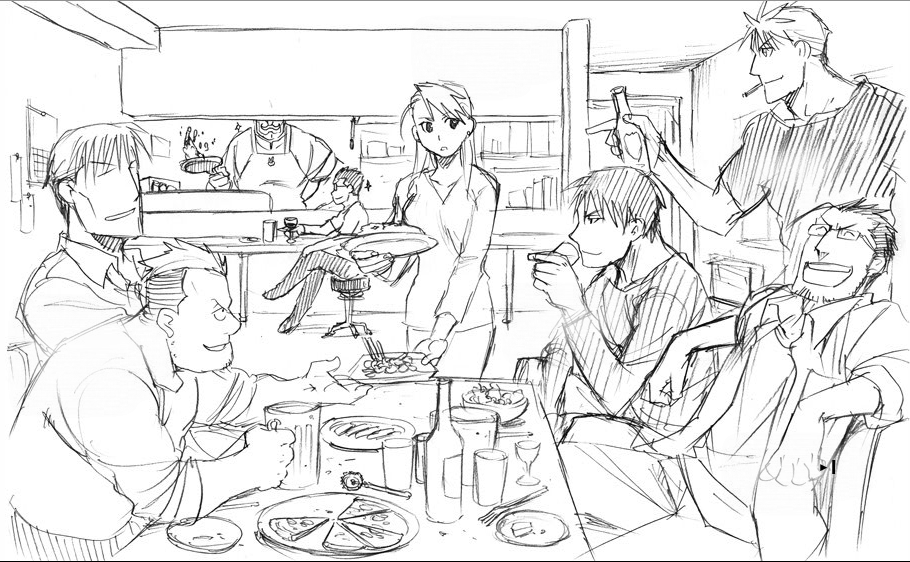 alex_luis_armstrong, arakawa_hiromu, black_hayate, casual, cigarette, dog, eating, food