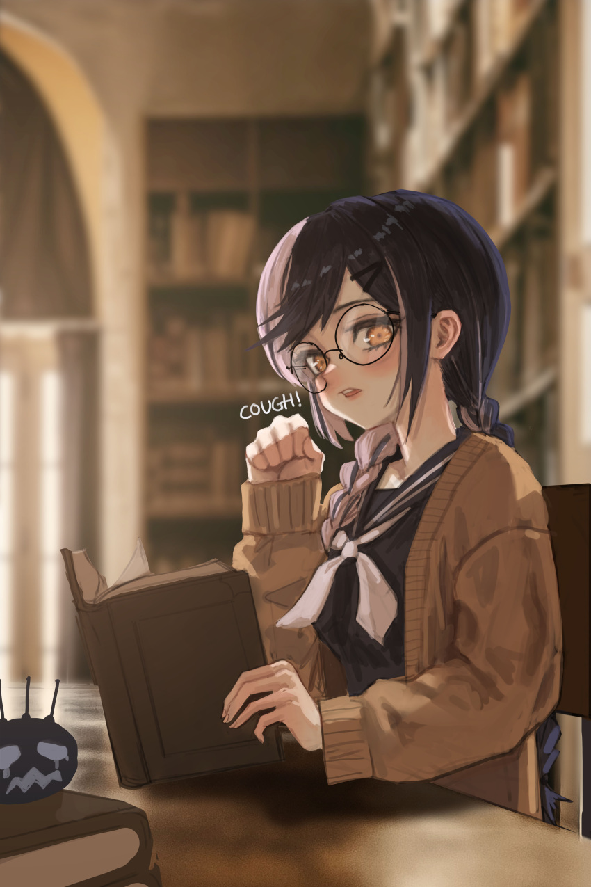 1girl, absurdres, black_shirt, blurry, blurry_background, book, braid, brown_jacket