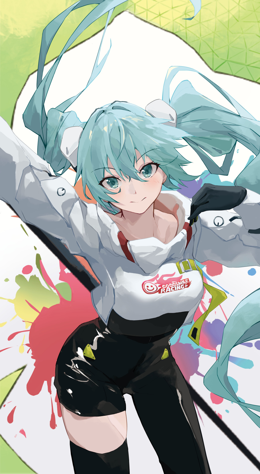 1569847238, 1girl, abstract_background, absurdres, aqua_eyes, aqua_hair, arm_up, asymmetrical_legwear