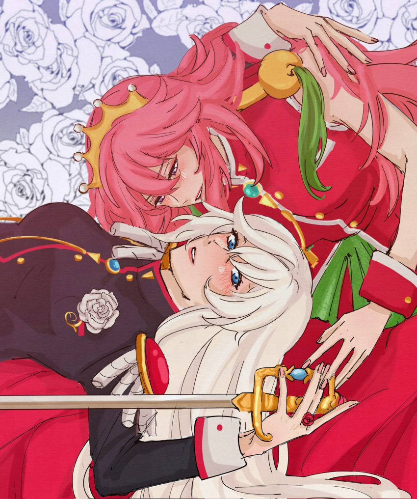 2girls, black_jacket, blue_eyes, blush, cellysticks, cosplay, dress, english_commentary, flower, highres, himemiya_anthy, himemiya_anthy_(cosplay), holding, holding_sword, holding_weapon, honkai_(series), honkai_impact_3rd, jacket, jewelry, kallen_kaslana, looking_at_another, looking_at_viewer, multiple_girls, pink_hair, red_dress, ring, rose, shoujo_kakumei_utena, sleeve_cuffs, sword, tenjou_utena, tenjou_utena_(cosplay), tiara, weapon, white_flower, white_rose, yae_sakura, yuri