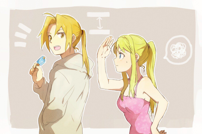 annoyed, blonde_hair, blue_eyes, directional_arrow, earrings, edward_elric, food, fullmetal_alchemist