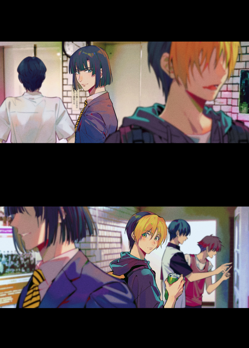 5boys, backpack, bag, black_hair, black_jacket, black_sleeves, blonde_hair, blue_eyes, blue_jacket, blunt_bangs, blunt_ends, can, character_request, closed_mouth, coattails, collared_jacket, collared_shirt, commentary_request, copyright_request, drink_can, from_behind, green_eyes, hallway, highres, holding, holding_can, hood, hood_down, hooded_jacket, hun_(endlesslovehikaru), indoors, jacket, letterboxed, light_frown, light_smile, looking_at_another, looking_back, male_focus, multicolored_hair, multiple_boys, necktie, parted_lips, red_tank_top, redhead, shirt, short_hair, short_sleeves, soda_can, striped_necktie, tank_top, two-tone_hair, upper_body, white_shirt, white_sleeves, yellow_bag, yellow_necktie