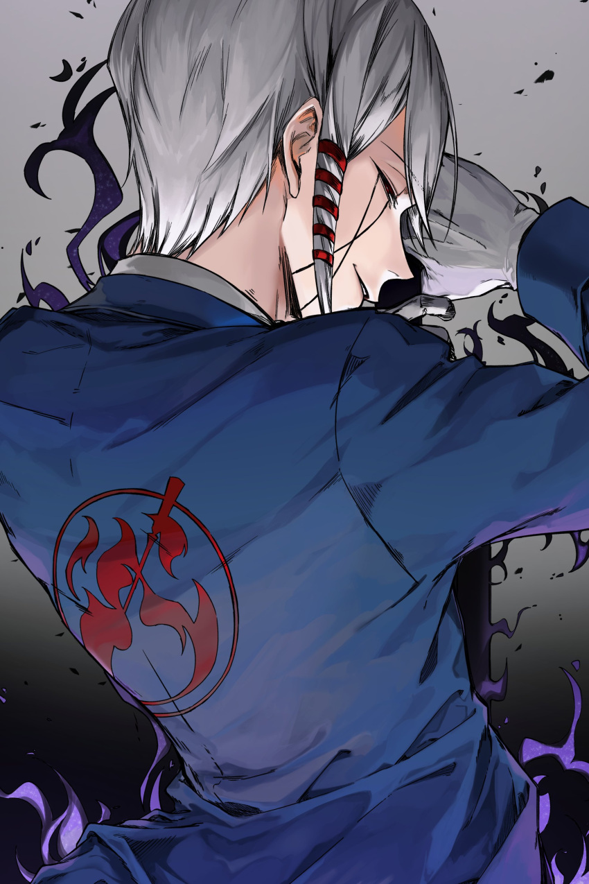 1boy, absurdres, black_jacket, facial_mark, gloves, gradient_background, highres, jacket, ka2radamonguy, kaldo_gehenna, long_sleeves, male_focus, mashle, short_hair, sidelocks, smile, solo, suit, upper_body, white_gloves, white_hair