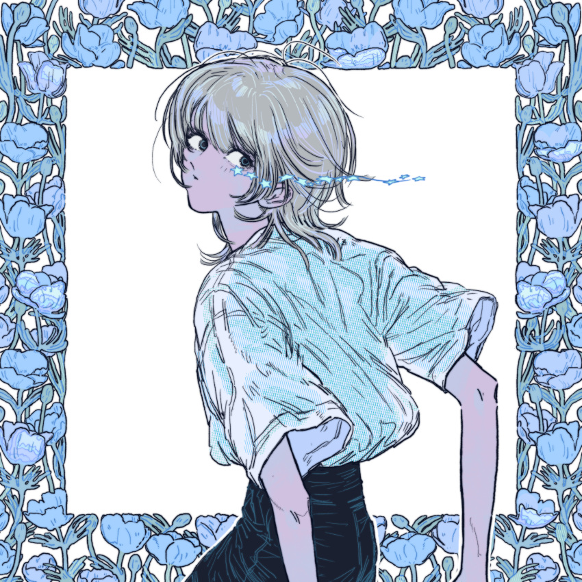 1girl, absurdres, arms_behind_back, blonde_hair, blue_eyes, blue_flower, flower, flower_border