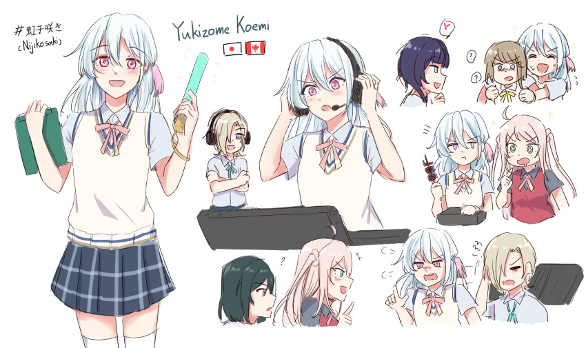 +++, 6+girls, :d, :t, ?, adjusting_headphones, adjusting_headset, ahoge