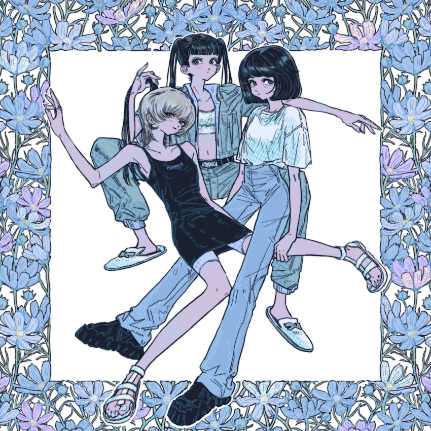 3girls, absurdres, aqua_pants, aqua_shirt, bare_shoulders, black_dress, black_footwear, black_hair