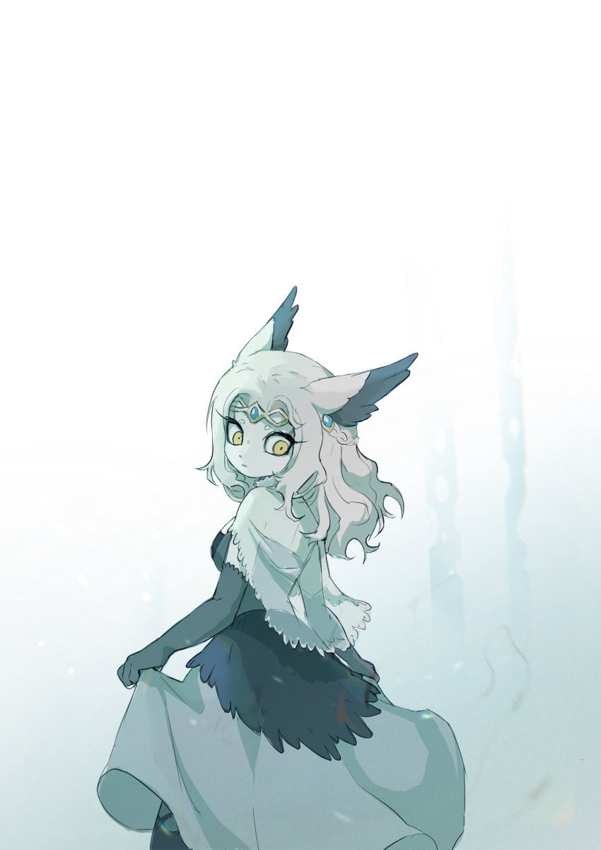 1girl, animal_ears, black_dress, blue_background, circlet, colored_skin, cowboy_shot, cyany
