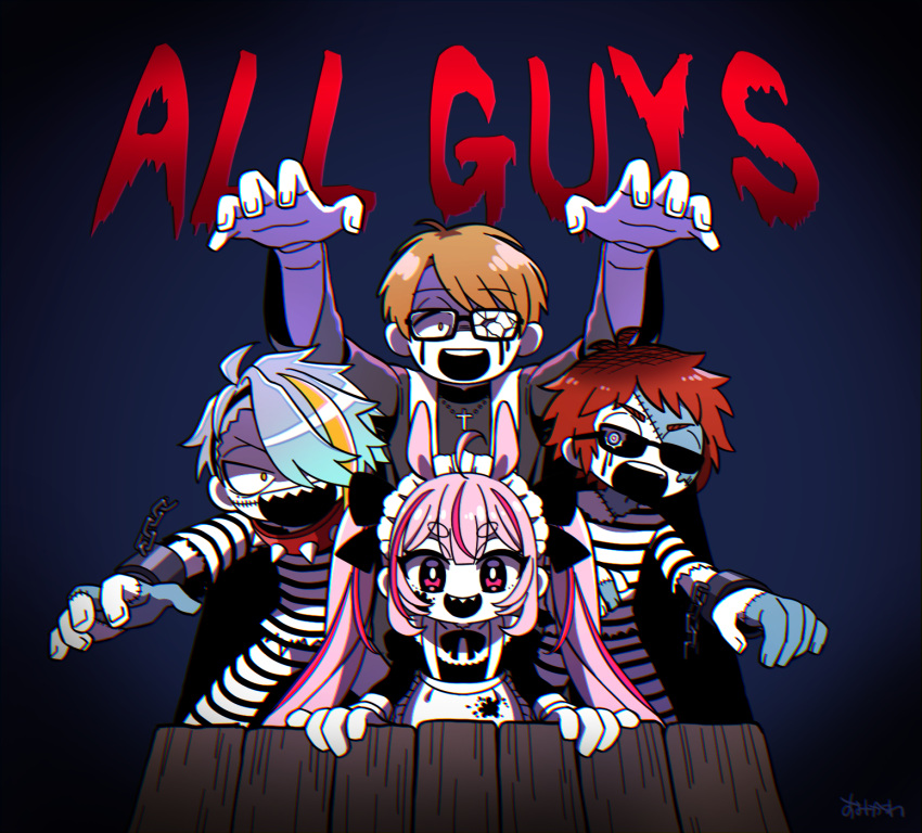 1girl, 3boys, ahoge, alternate_costume, animal_ears, antenna_hair, apron, arms_up