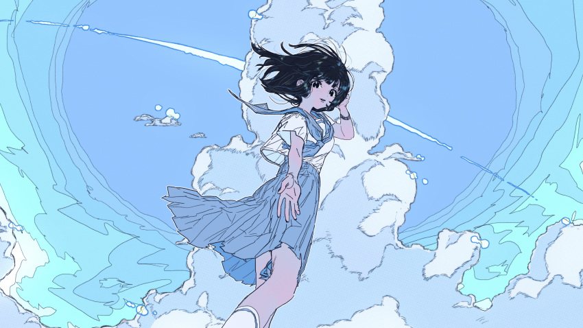 1girl, absurdres, black_eyes, black_hair, blue_neckerchief, blue_sailor_collar, blue_skirt, blue_sky