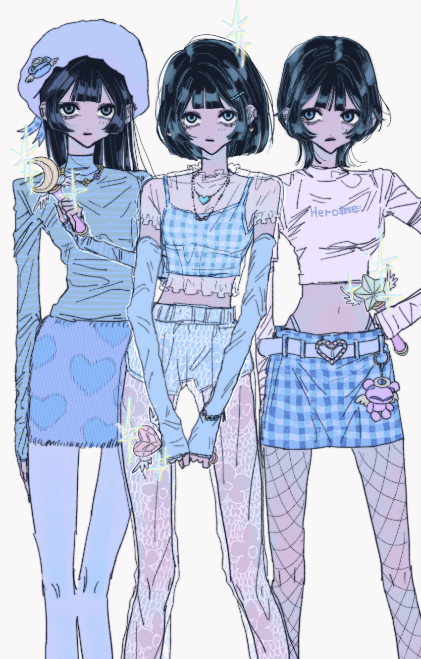 3girls, absurdres, black_hair, blue_eyes, blue_hat, blue_pantyhose, blue_shorts, blue_skirt