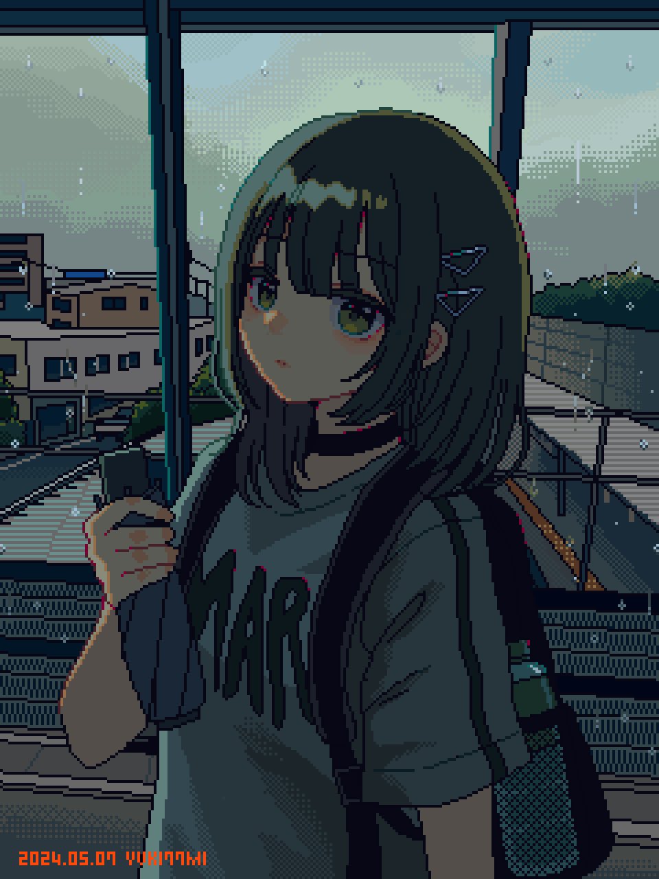 1girl, arm_at_side, artist_name, backpack, bag, black_choker, blush, bottle, brown_hair, choker, city, closed_umbrella, clouds, cloudy_sky, dated, day, folding_umbrella, green_eyes, grey_shirt, hair_ornament, hairclip, hand_up, highres, holding, holding_umbrella, indoors, long_bangs, looking_at_viewer, medium_hair, nanami_yuki_(yuki77mi), original, parted_lips, print_shirt, rain, shirt, short_sleeves, sidelocks, sky, solo, striped_clothes, striped_shirt, umbrella, upper_body, water_bottle