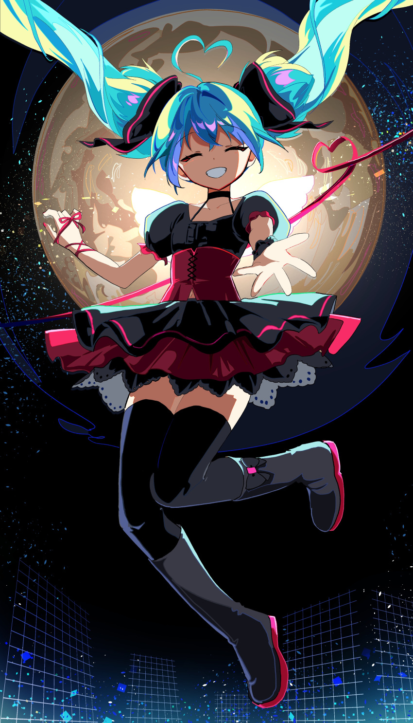 1/6_-out_of_the_gravity-_(vocaloid), 1girl, :d, absurdres, ahoge, black_bow, black_shirt, black_skirt