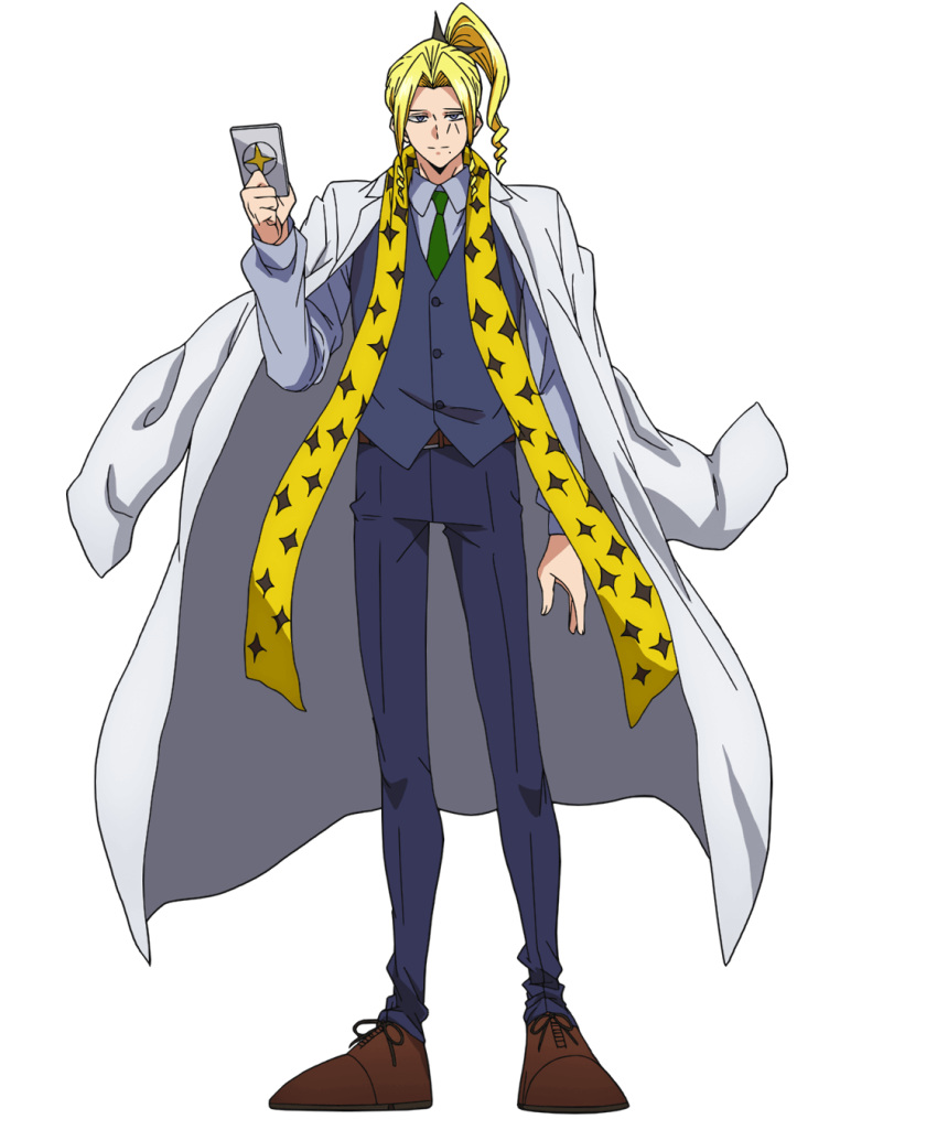 1boy, belt, blonde_hair, brown_footwear, collared_shirt, facial_mark, full_body, green_necktie