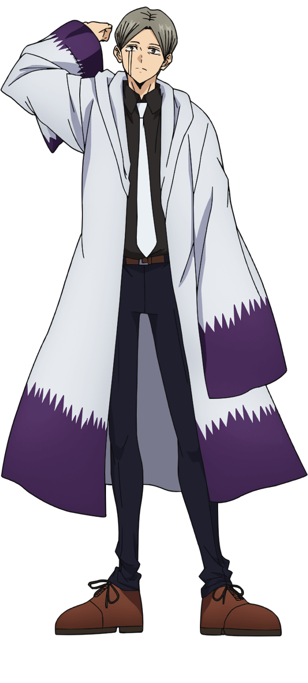 1boy, anser_shinri, arm_up, belt, brown_footwear, collared_shirt, facial_mark, full_body, highres, long_sleeves, mashle, necktie, official_art, parted_bangs, robe, shirt, short_hair, solo, tachi-e, white_necktie, wide_sleeves