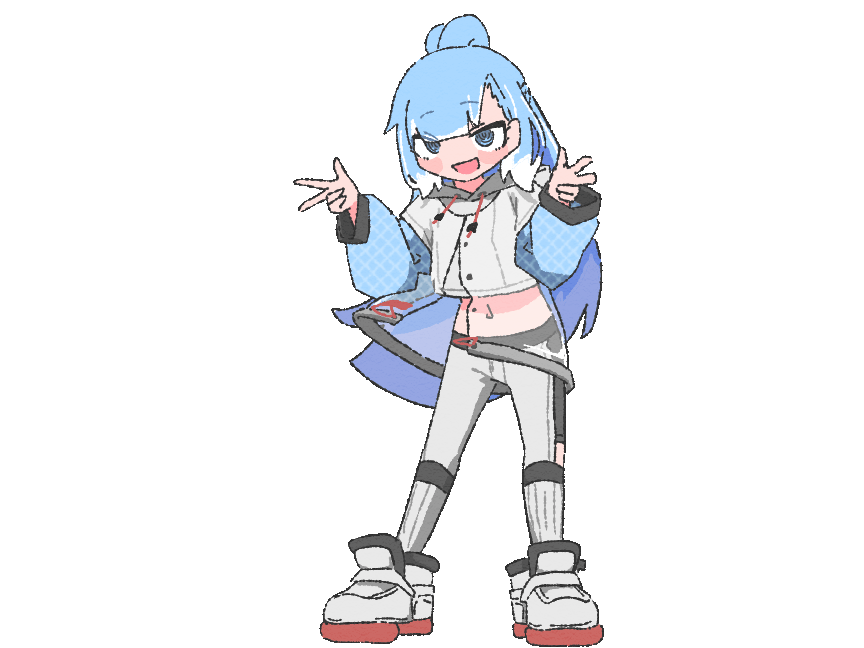 1girl, animated, animated_gif, bad_source, blue_hair, blue_shirt, colored_shoe_soles, colored_tips, cropped_hoodie, cropped_shirt, dancing, full_body, grey_shorts, half_updo, hands_up, help!!_(hololive), high_ponytail, hololive, hololive_indonesia, hood, hoodie, jacket, kobo_kanaeru, kobo_kanaeru_(1st_costume), long_hair, long_sleeves, looking_at_viewer, looping_animation, midriff, multicolored_hair, navel, official_art, open_mouth, pants, puffy_long_sleeves, puffy_sleeves, ringed_eyes, see-through, see-through_jacket, shirt, shoes, shorts, simple_background, smile, sneakers, solo, split_ponytail, standing, tight_clothes, tight_pants, transparent_background, two-tone_hair, virtual_youtuber, w, white_footwear, white_hair, white_hoodie, white_pants, yoir