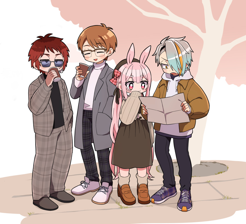 1girl, 3boys, absurdres, alternate_costume, animal_ears, antenna_hair, bans, black_footwear