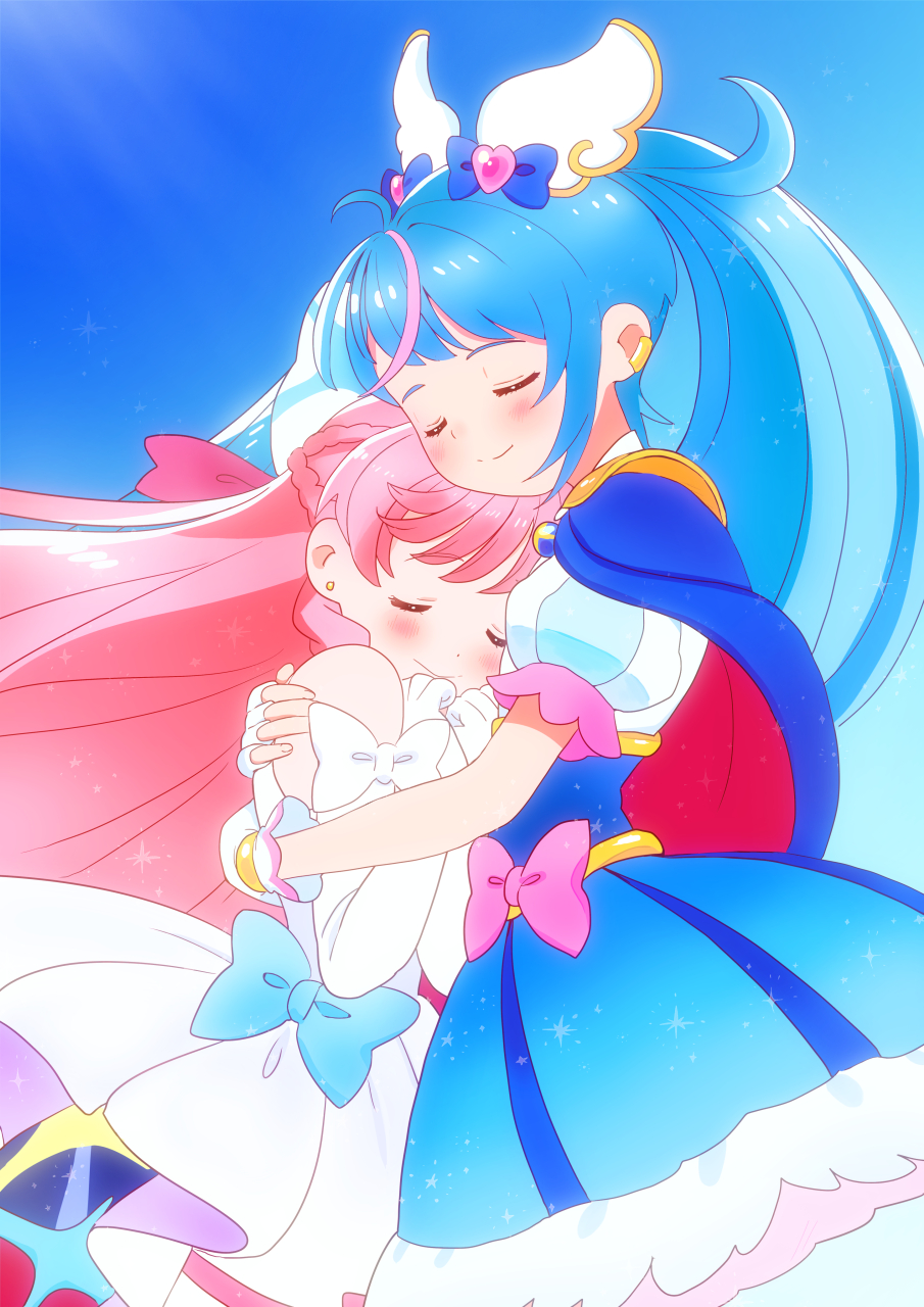 2girls, blue_bow, blue_cape, blue_dress, blue_hair, blue_sky, bow, braid