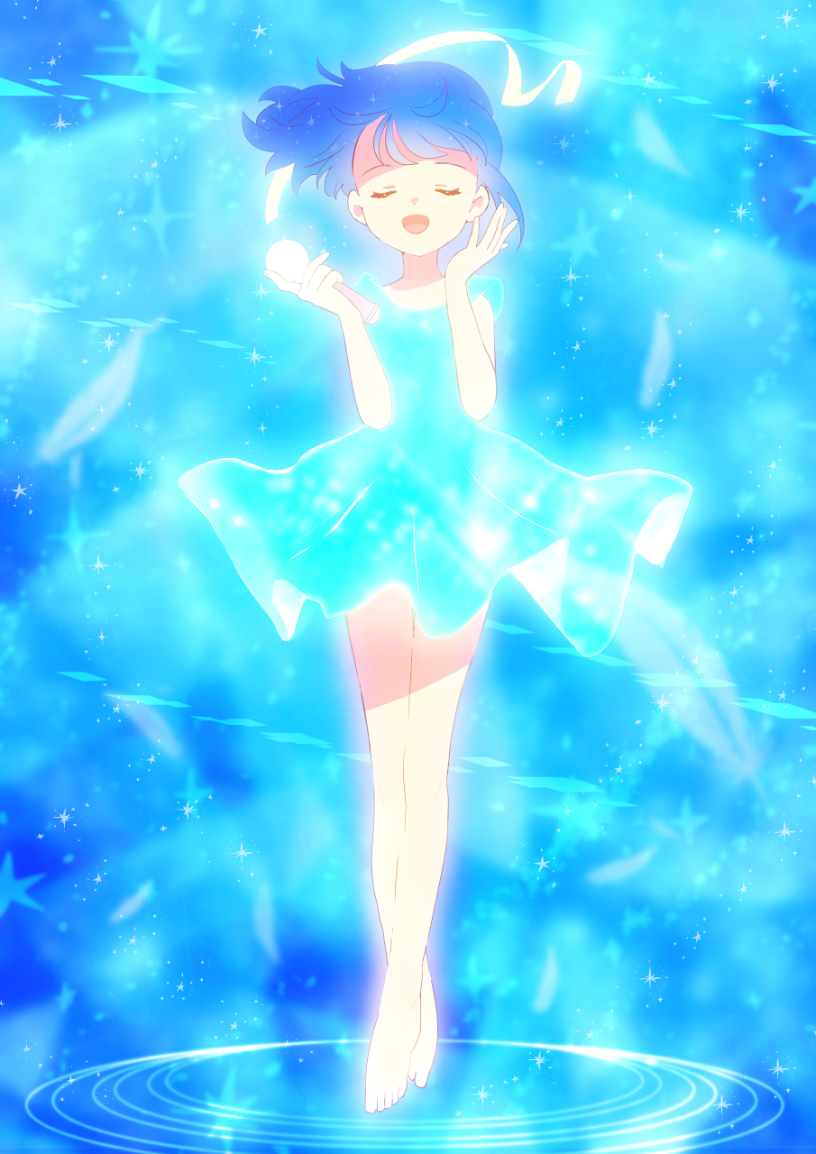 1girl, barefoot, blue_dress, blue_eyes, blue_hair, closed_eyes, commentary_request, dress
