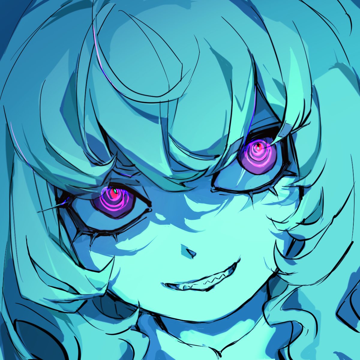 1girl, @_@, blue_background, blue_hair, blue_skin, colored_skin, cyany, english_commentary