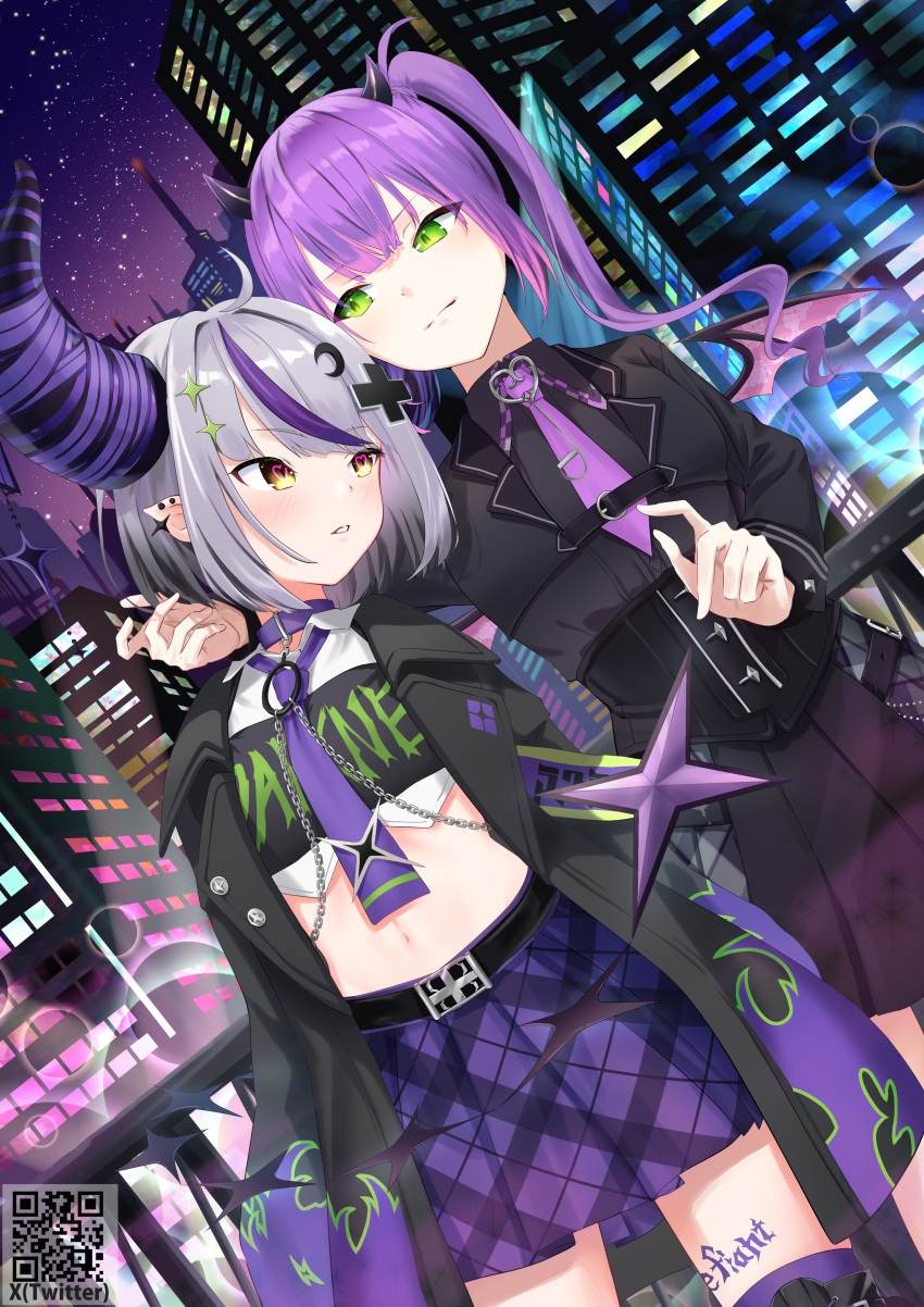 2girls, absurdres, ahoge, alternate_costume, alternate_hairstyle, belt, black_belt, black_corset, black_horns, black_jacket, black_shirt, black_skirt, bob_cut, building, choker, closed_mouth, clothes_writing, collared_shirt, commentary_request, corset, crescent, crescent_hair_ornament, cropped_jacket, demon_horns, dot_nose, dress_shirt, ear_piercing, ema_azure, flame_print, green_eyes, grey_hair, hair_ornament, heart, heart_in_eye, highres, hololive, horns, jacket, la+_darknesss, la+_darknesss_(casual), leg_tattoo, light_blush, long_hair, long_sleeves, looking_at_another, miniskirt, multicolored_hair, multiple_girls, navel, necktie, night, night_sky, official_alternate_costume, piercing, plaid, plaid_skirt, pleated_skirt, pointy_ears, purple_choker, purple_hair, purple_necktie, purple_skirt, purple_sky, qr_code, school_uniform, shirt, short_hair, short_necktie, skirt, sky, sleeve_cuffs, slit_pupils, star_(sky), stomach, streaked_hair, striped_horns, symbol_in_eye, tail, tattoo, teeth, text_tattoo, tokoyami_towa, tokoyami_towa_(school_uniform), twintails, underbust, virtual_youtuber, white_shirt, wings, x_hair_ornament, yellow_eyes