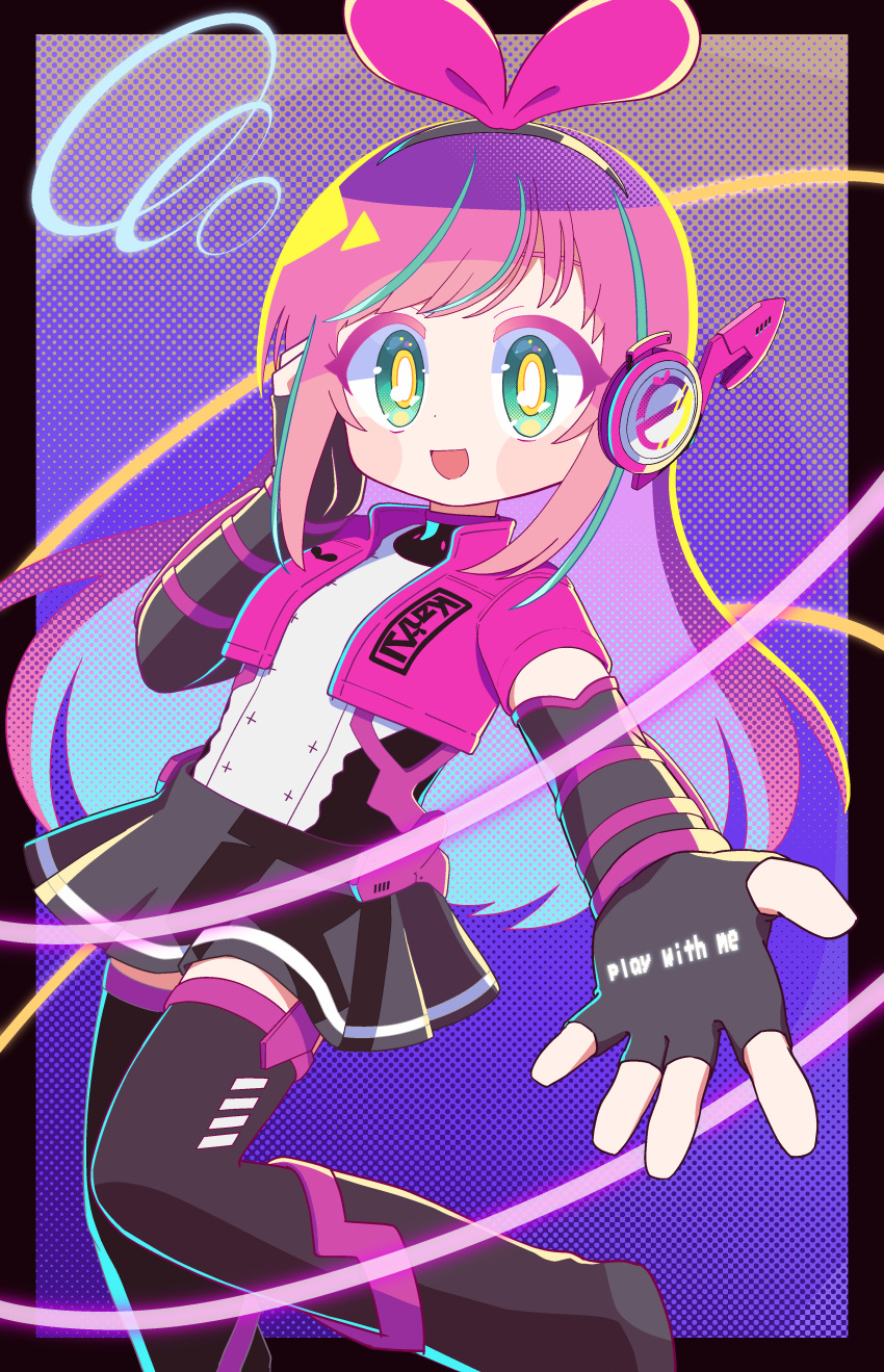 1girl, absurdres, aqua_hair, black_border, black_footwear, black_gloves, black_skirt, black_thighhighs